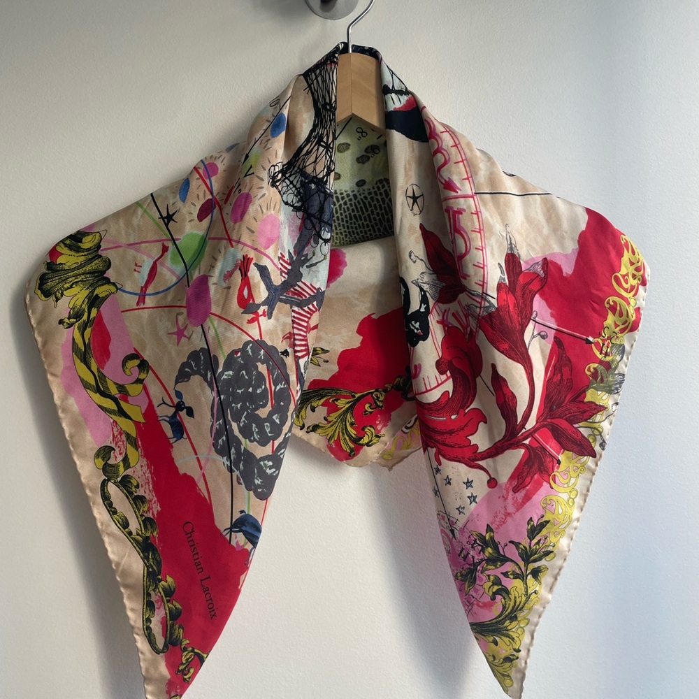 Christian Lacroix Red and Cream Artistic 100%Silk Scarf - Picture 1 of 8